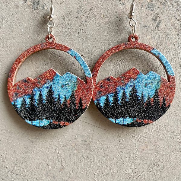 Geometric Circular Earrings Western Scene Wooden Cactus