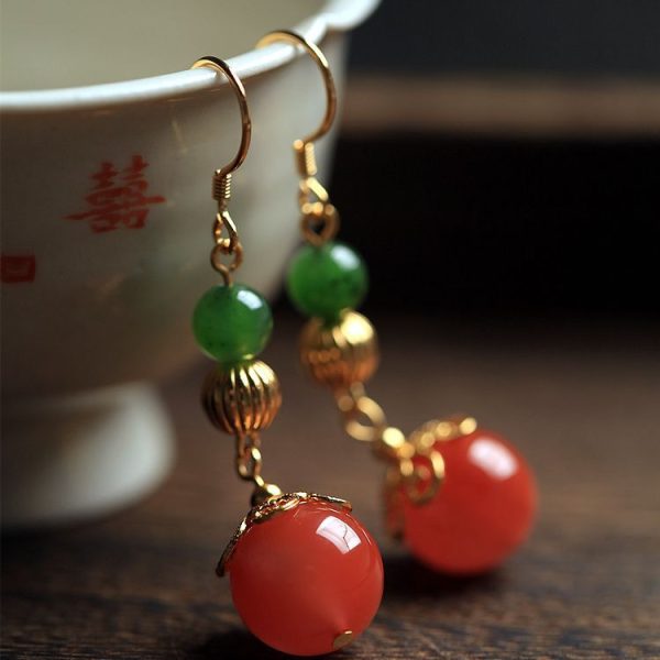 Natural South Red Agate Earrings Long Chinese Style S925 Silver