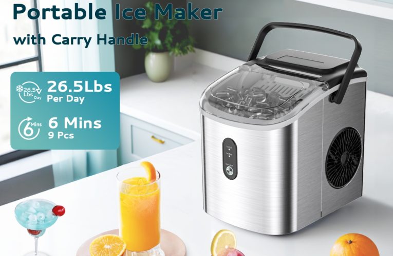 Only $52, Buy Now! Ice Maker Countertop, Portable Ice Machine with Carry Handle, 26.5lbs Per Day, 9 Cubes in 6 Mins, Auto-Cleaning, with Basket and Scoop, for Home, Kitchen, Camping, RV (Silver)